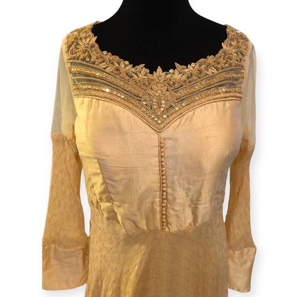 Anarkali Suit With Bandhani Dupatta Royal Neckline Gold Embellishment - Picture 5 of 9